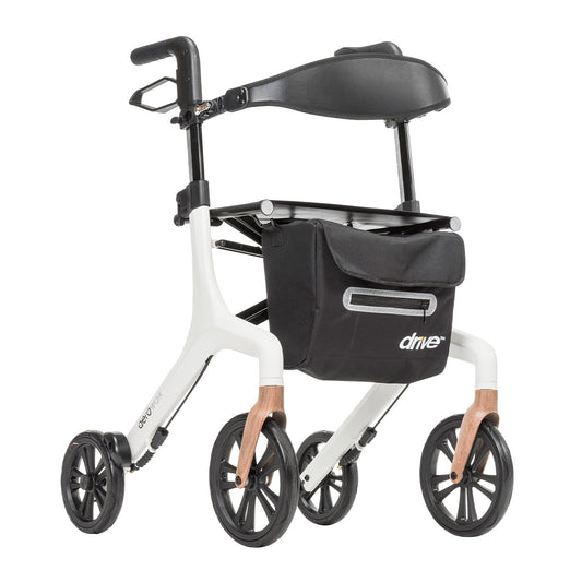 Drive Medical vista frontal del rollator mostrando diseño elegante y estable