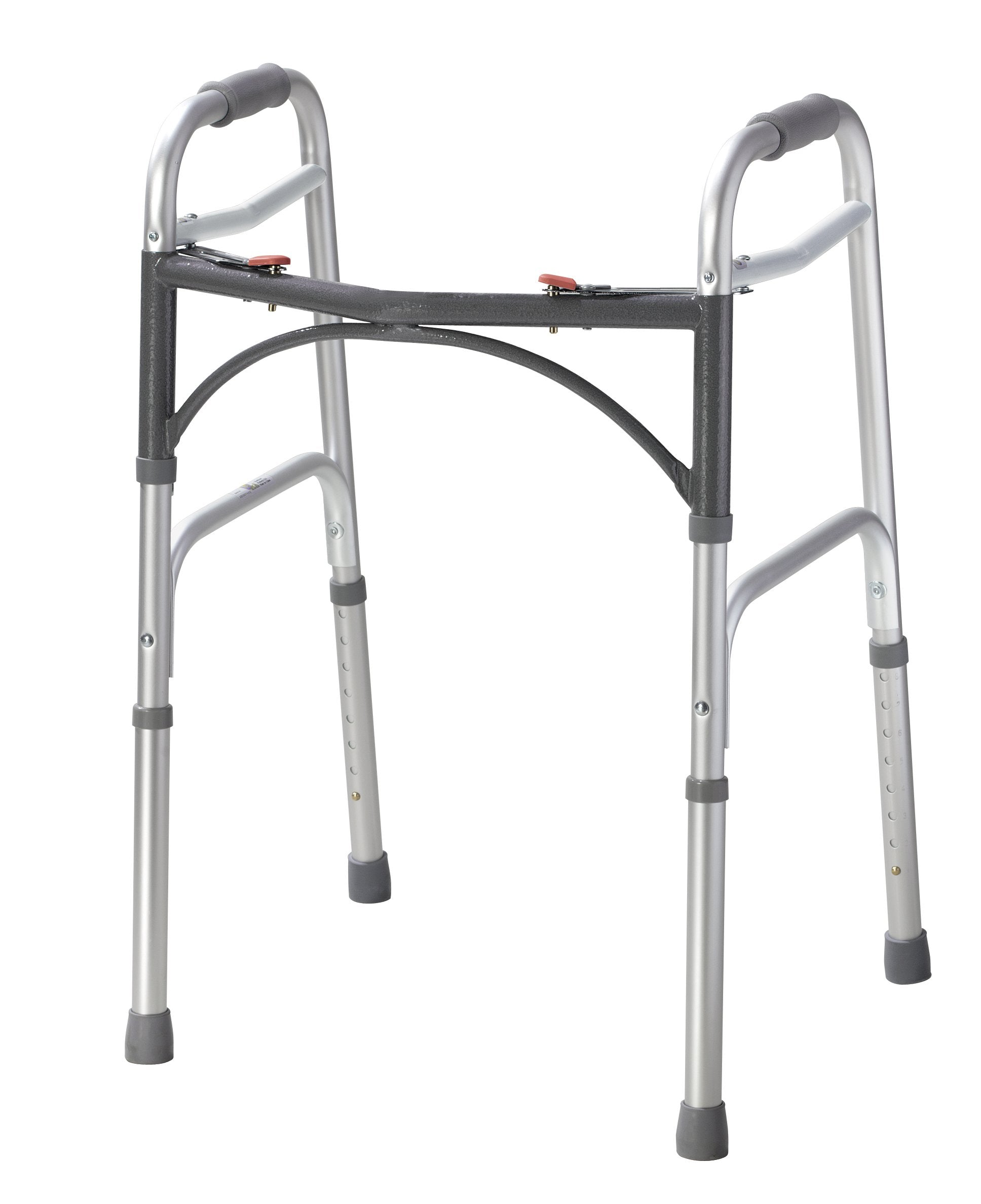 Drive Medical andador frontal plateado mostrando estructura estable y soporte