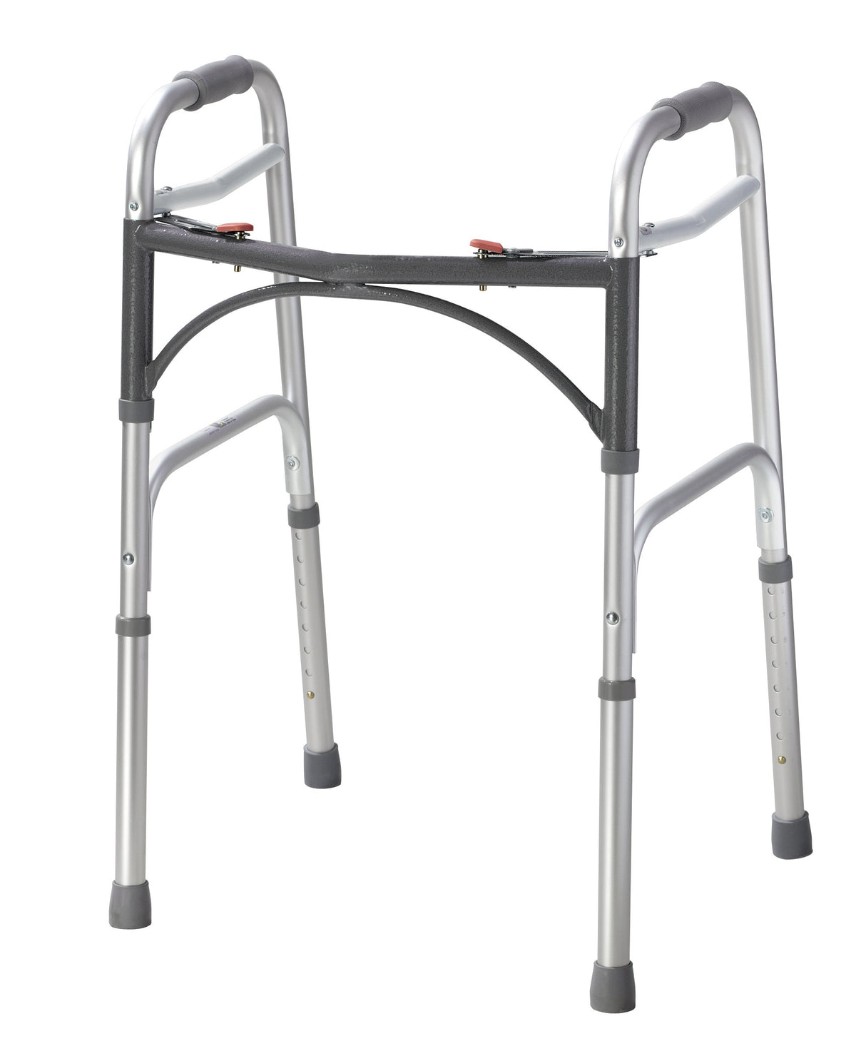 Drive Medical andador frontal plateado mostrando estructura estable y soporte