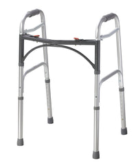 Drive Medical andador frontal plateado mostrando estructura estable y soporte