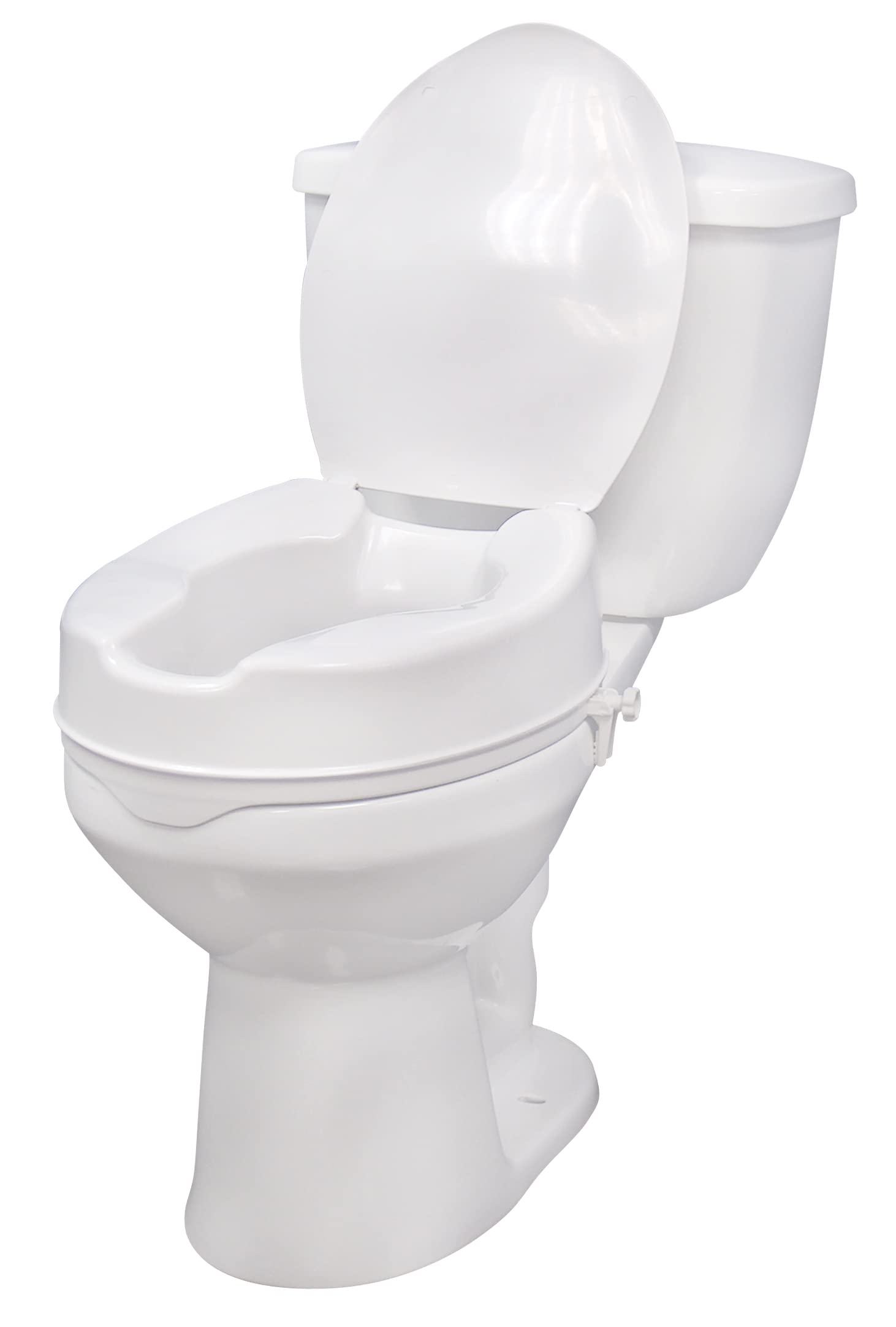 Drive Medical asiento elevado frontal mostrando tapa y ajuste seguro