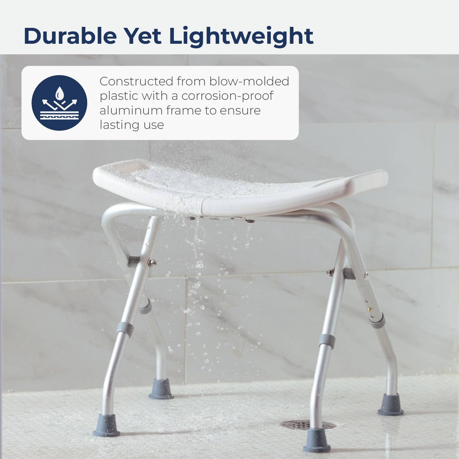 Drive Medical uso en ducha con usuario sentado, soporte práctico