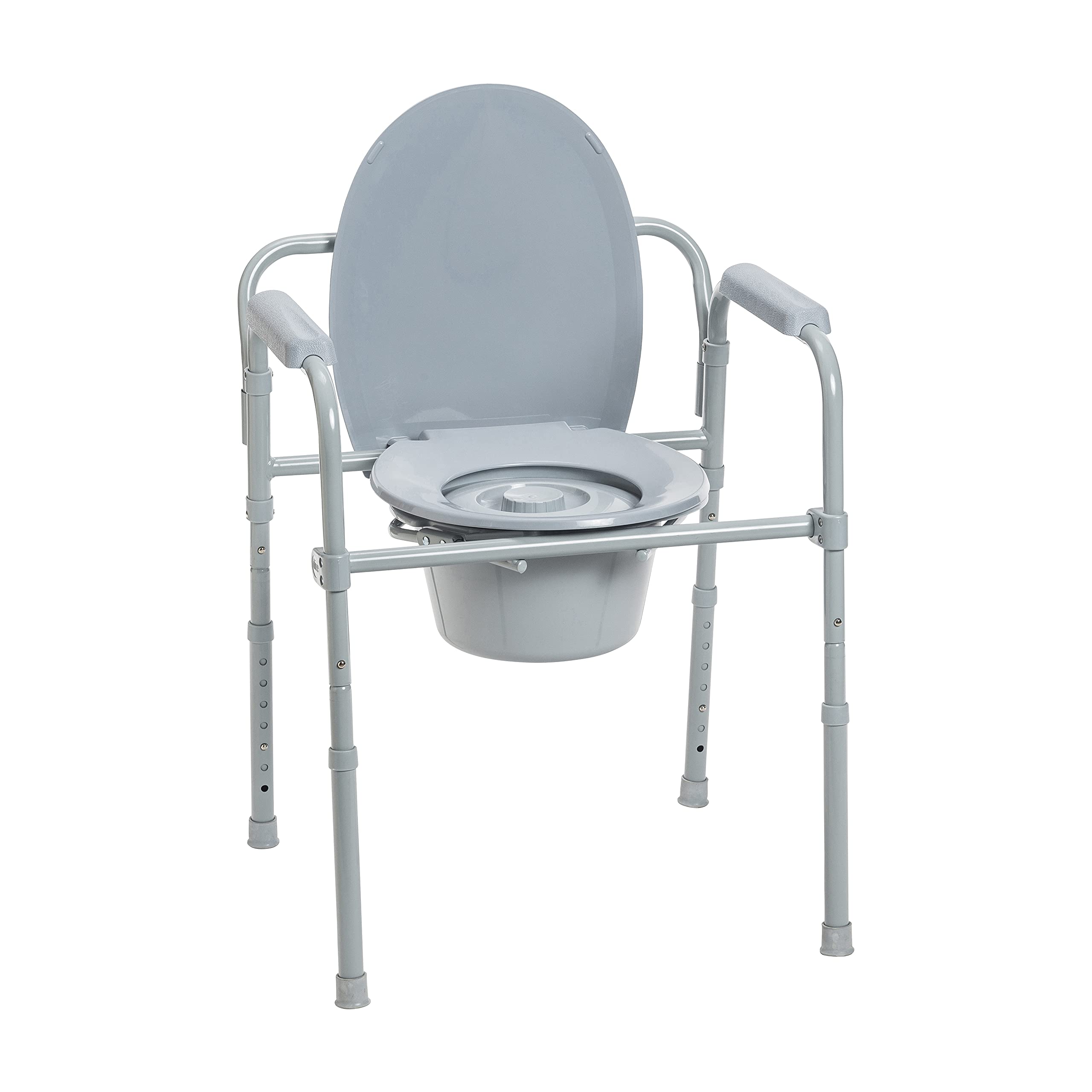 Drive Medical vista frontal de la silla commode gris mostrando estabilidad