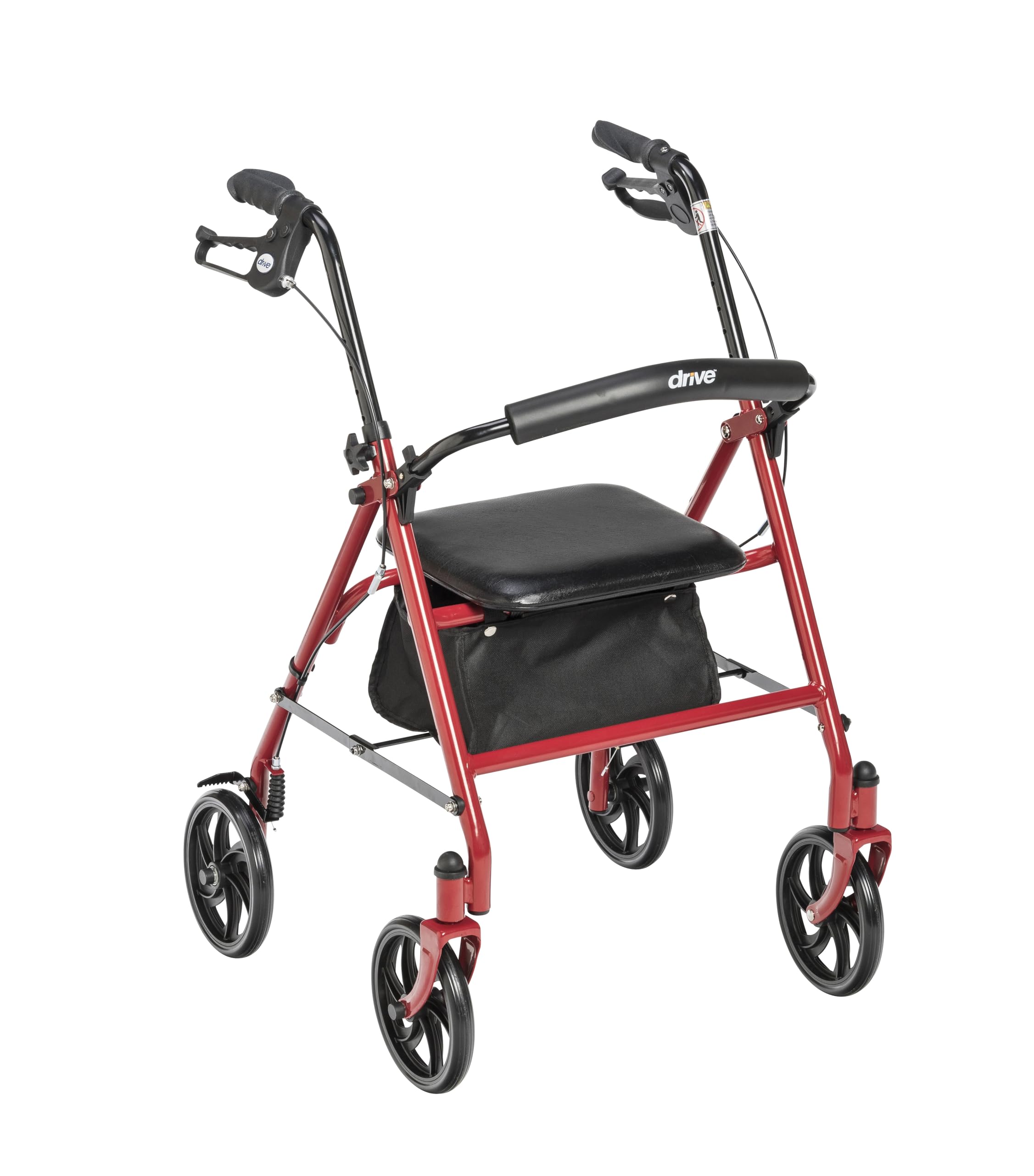 Drive Medical rollator frontal rojo mostrando estructura estable y asiento
