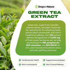 Etiqueta de Drops of Nature con lista de ingredientes y porcentajes de EGCG visibles
