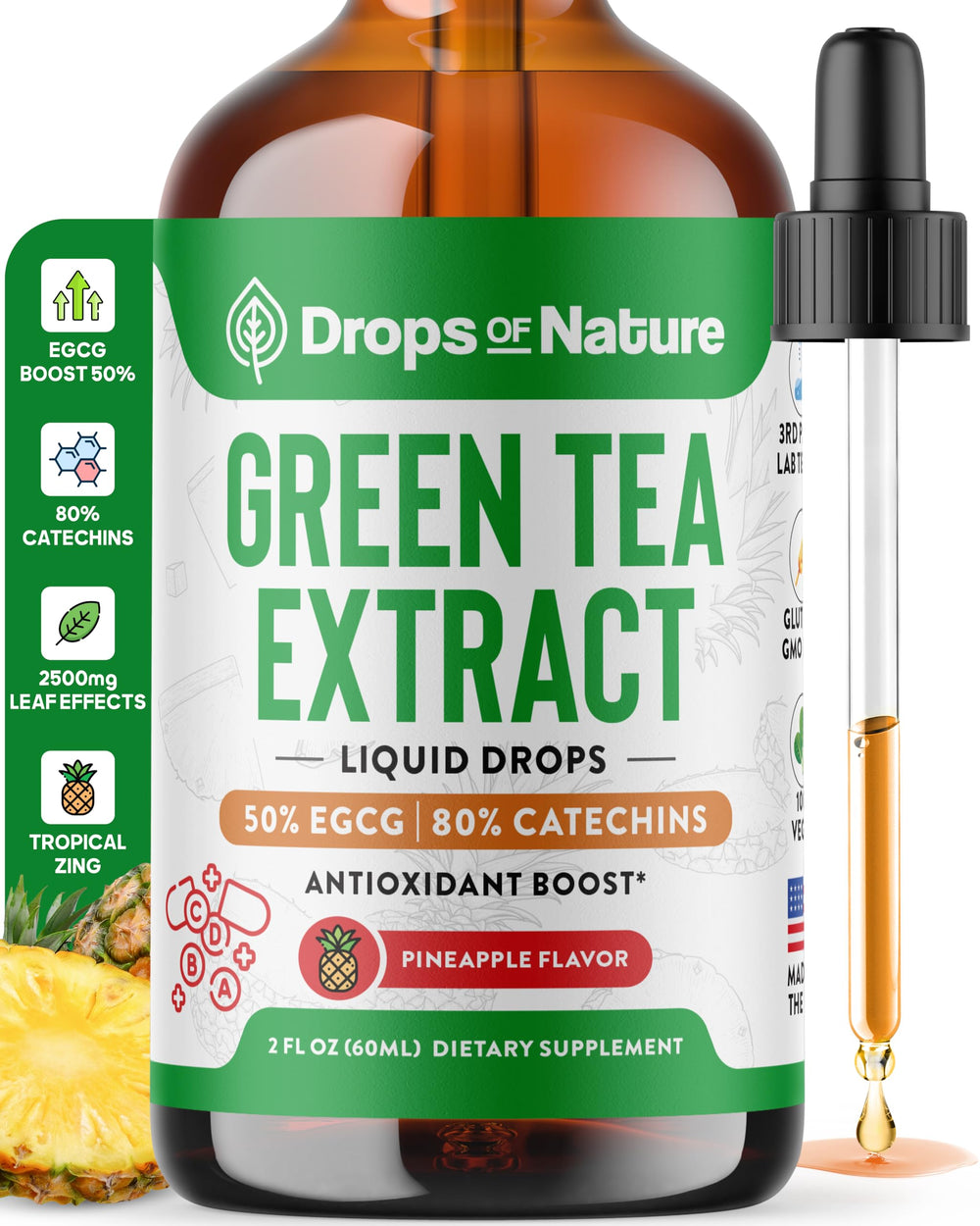 Drops of Nature botella frontal mostrando etiqueta y volumen 60 mL, fácil identificación