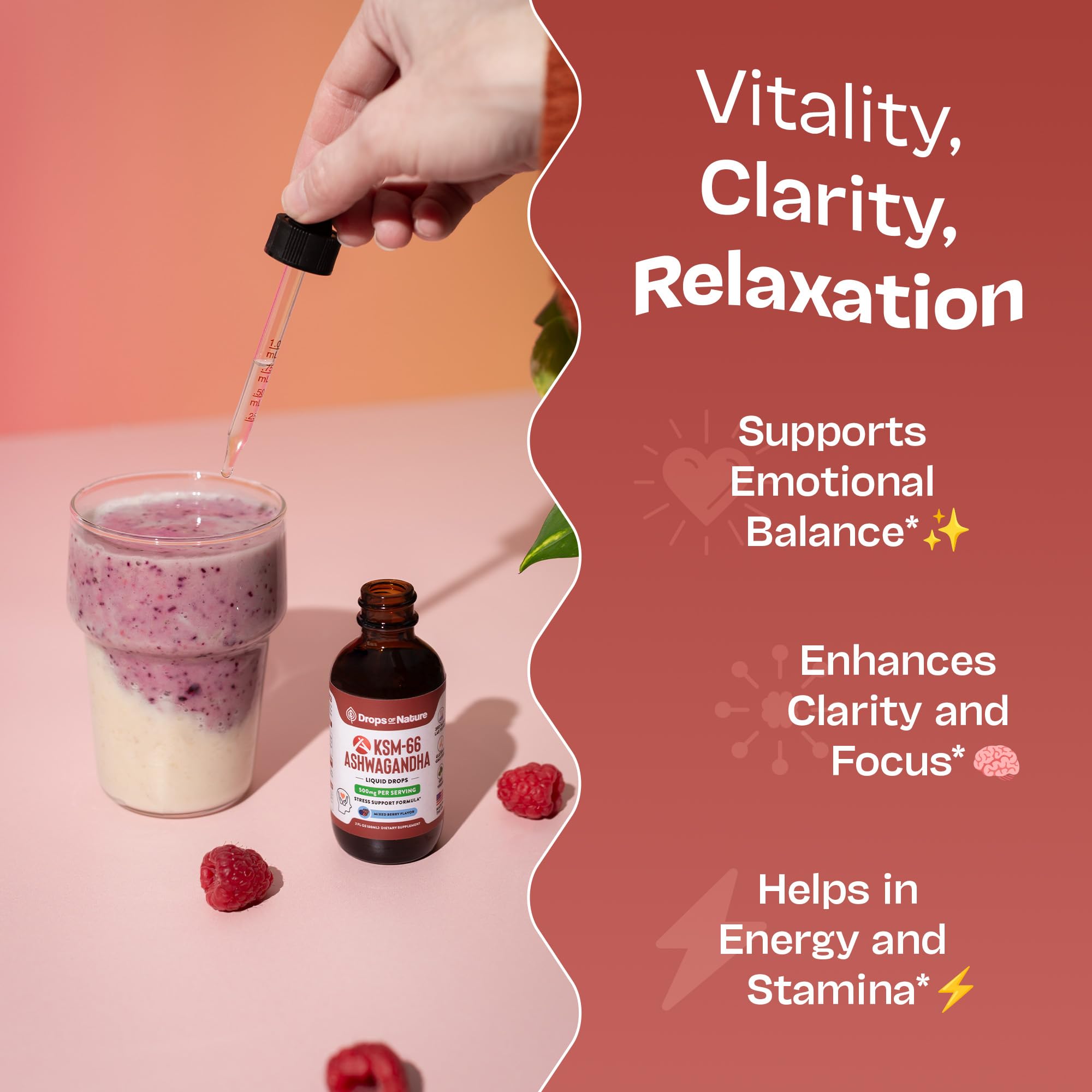 Raíz de ashwagandha y hojas al lado del frasco Drops Of Nature que sugiere extracto de calidad