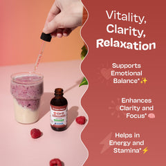 Raíz de ashwagandha y hojas al lado del frasco Drops Of Nature que sugiere extracto de calidad