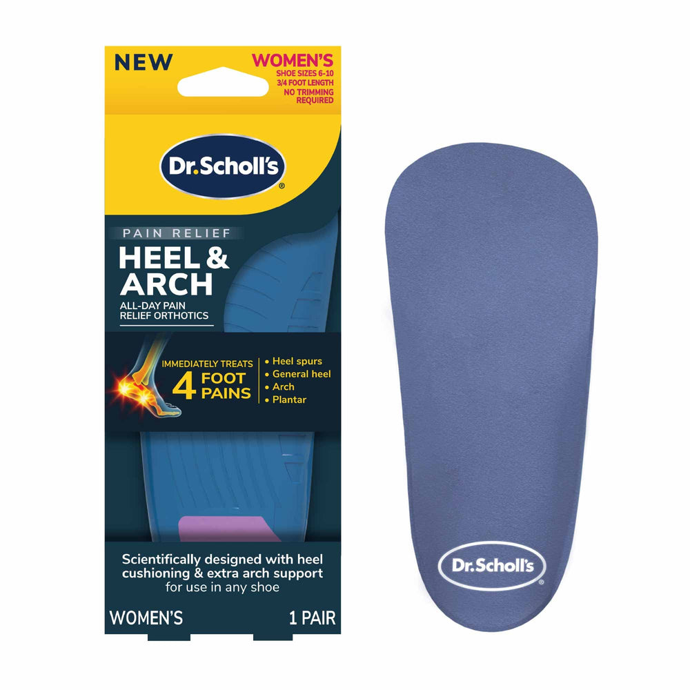 Dr. Scholl's vista frontal del empaque mostrando beneficio de alivio inmediato