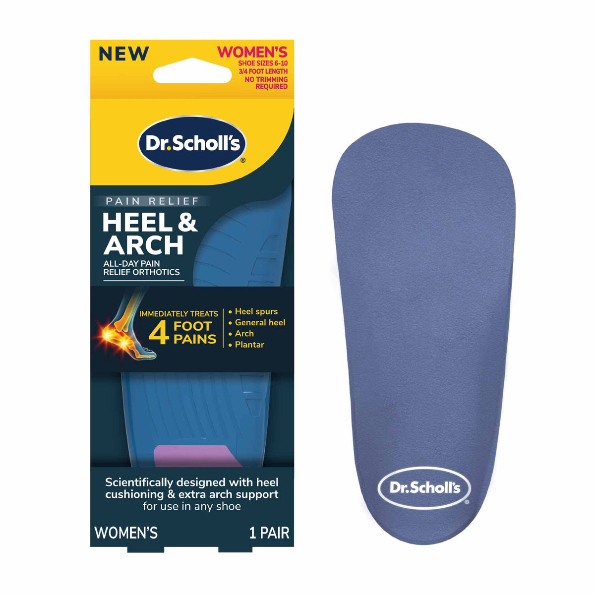 Dr. Scholl's vista frontal del empaque mostrando beneficio de alivio inmediato