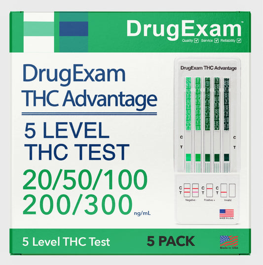 DrugExam frente del empaque mostrando tiras dip y envasado individual para pruebas rápidas y discretas