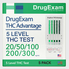 DrugExam frente del empaque mostrando tiras dip y envasado individual para pruebas rápidas y discretas