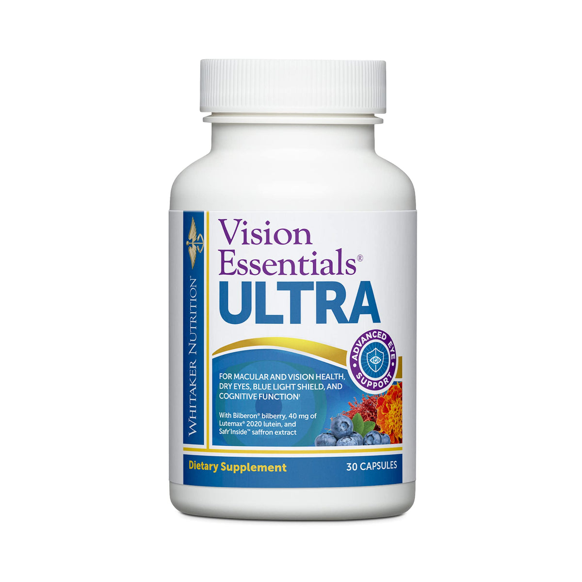 DR.WHITAKER botella frontal del producto mostrando etiqueta clara y beneficio ocular