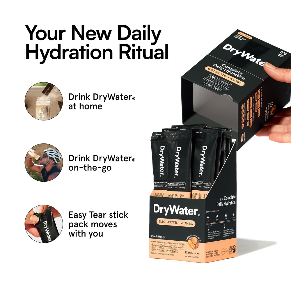 Etiqueta nutricional de DryWater Peach Mango destacando potasio y vitaminas