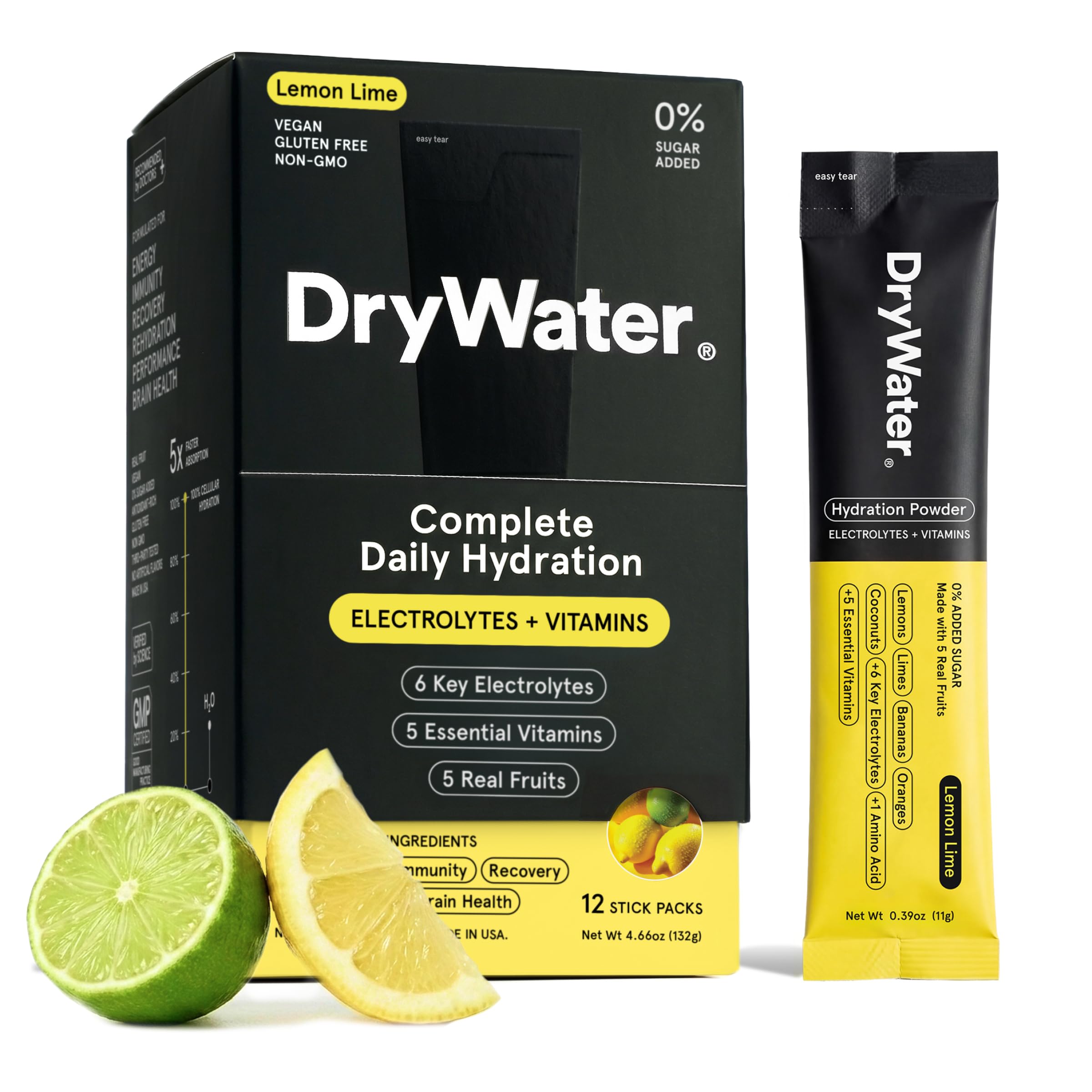 DryWater paquete frontal Lemon Lime mostrando diseño y fácil transporte