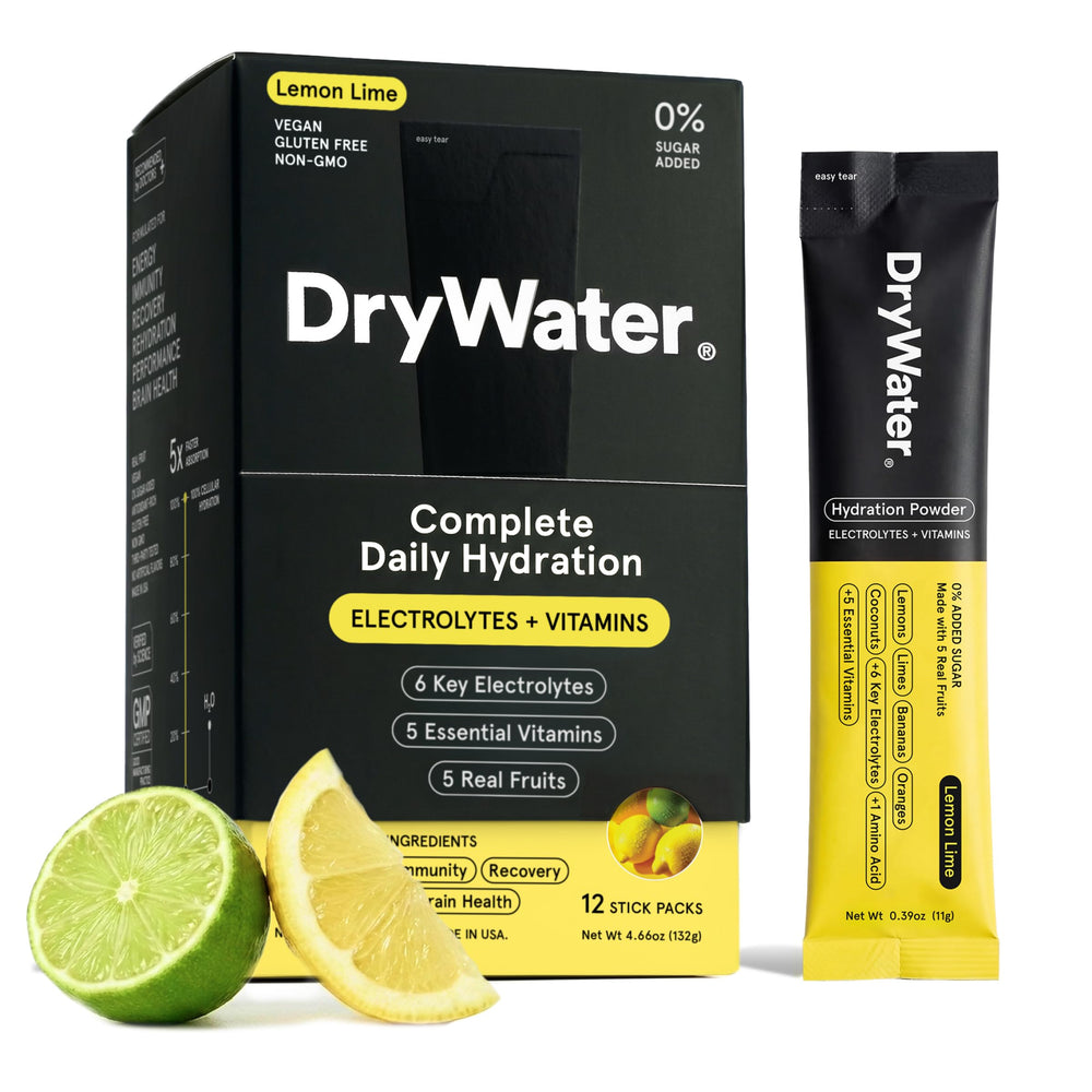 DryWater paquete frontal Lemon Lime mostrando diseño y fácil transporte