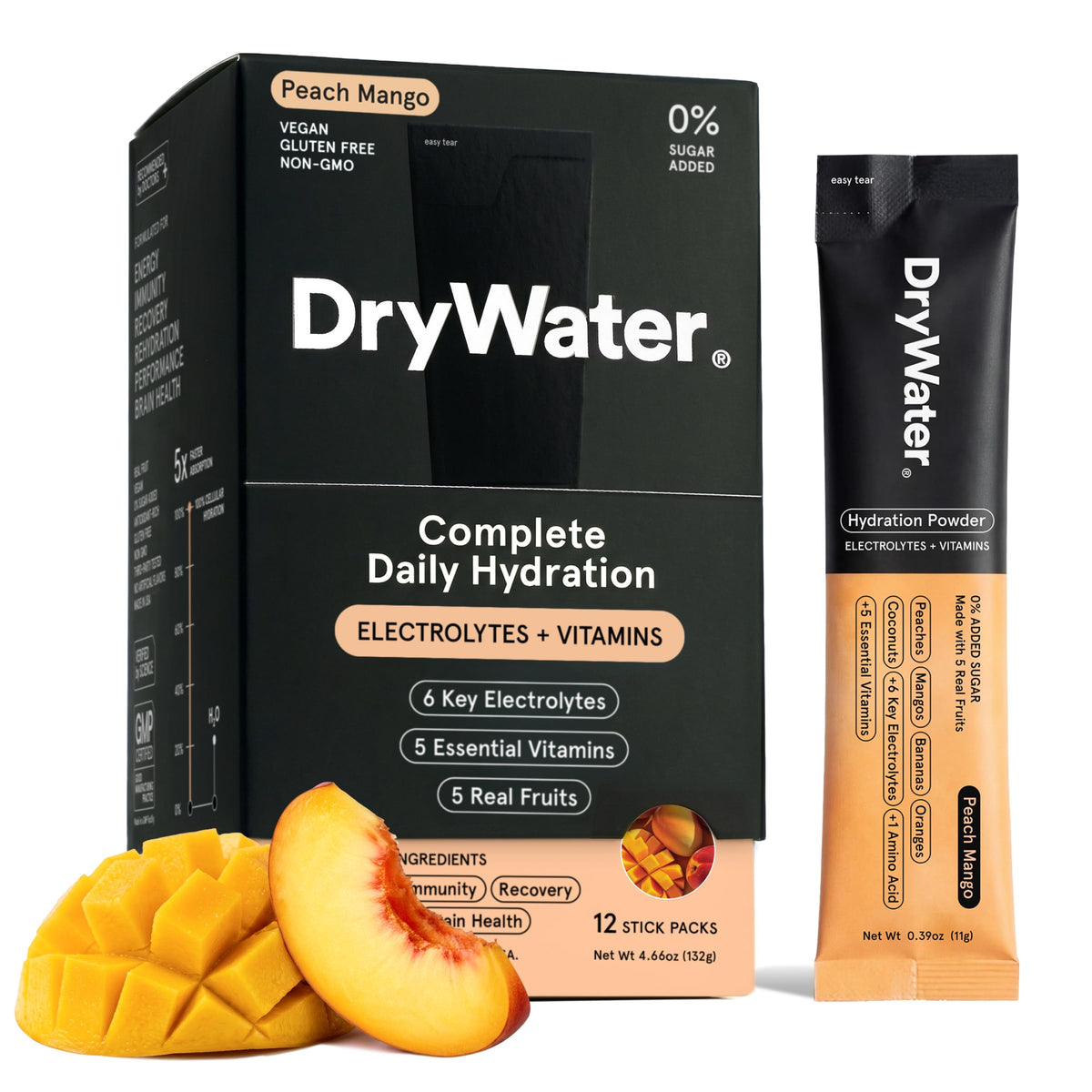 DryWater Peach Mango frente del paquete mostrando diseño y cantidad de sobres