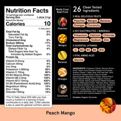 DryWater Peach Mango sobre abierto junto a cucharada mostrando polvo soluble
