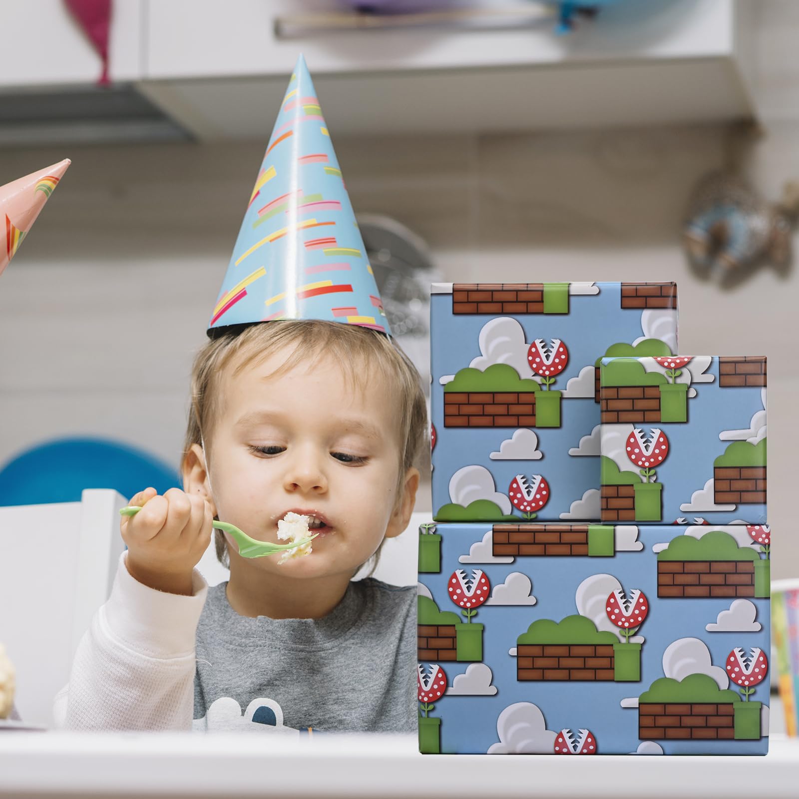 Dtiafu escena de fiesta infantil con regalos, aporta ambiente temático divertido