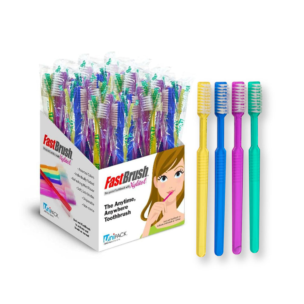 Dukal Fast Brush frente de caja mostrando 100 unidades y colores surtidos, comodidad inmediata