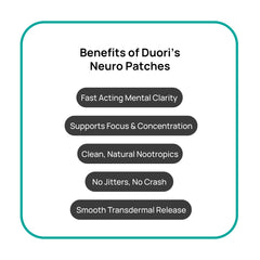 DUORI Neuro Patch packaging highlights sugar-free energy and eight hours of focus.