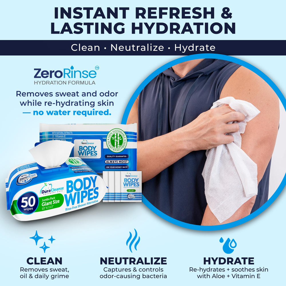 Dura Cleanse persona usando toallita para cuidado asistido, facilita higiene sin ducha