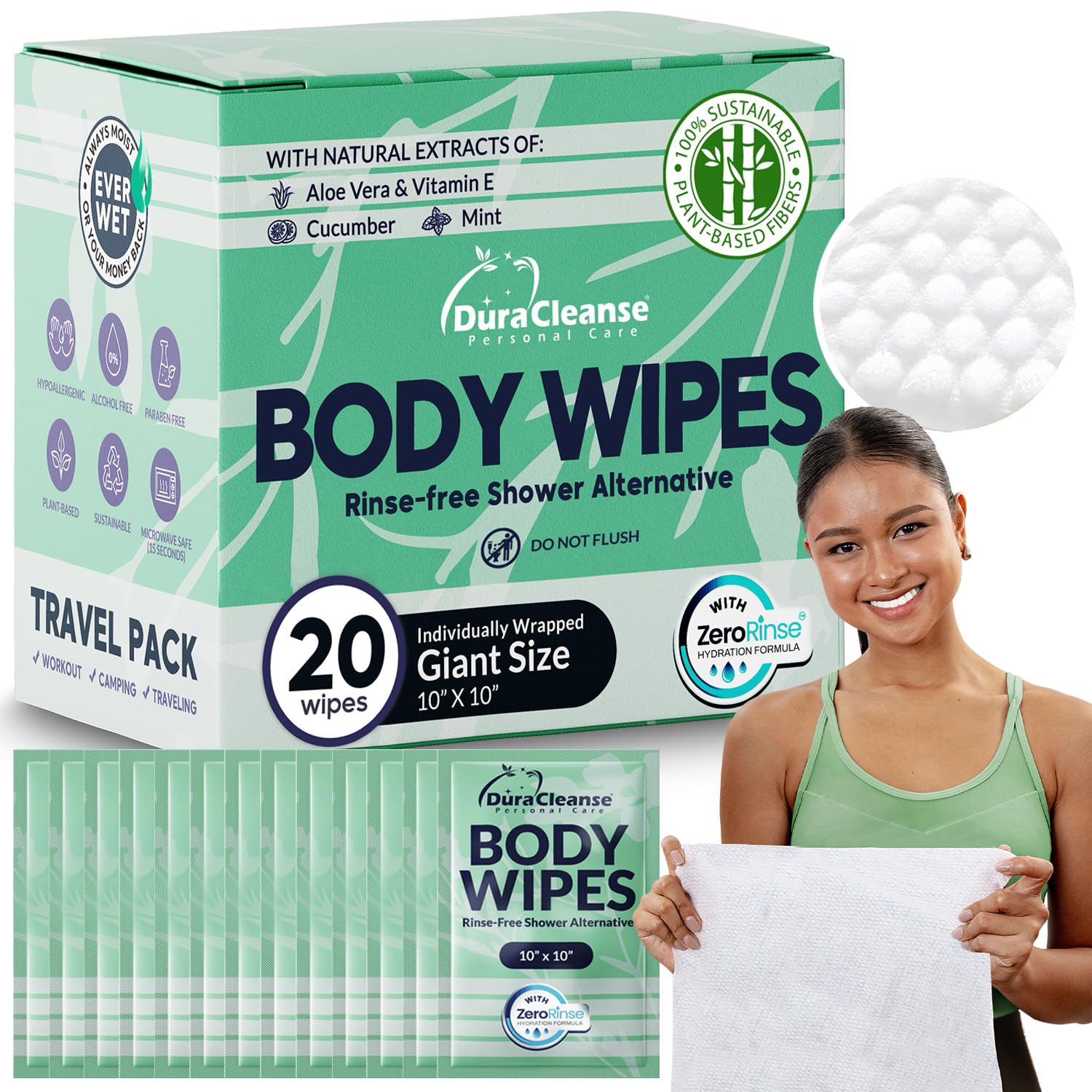 Dura Cleanse frente del empaque mostrando 20 toallitas, portátil y práctico