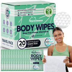 Dura Cleanse frente del empaque mostrando 20 toallitas, portátil y práctico