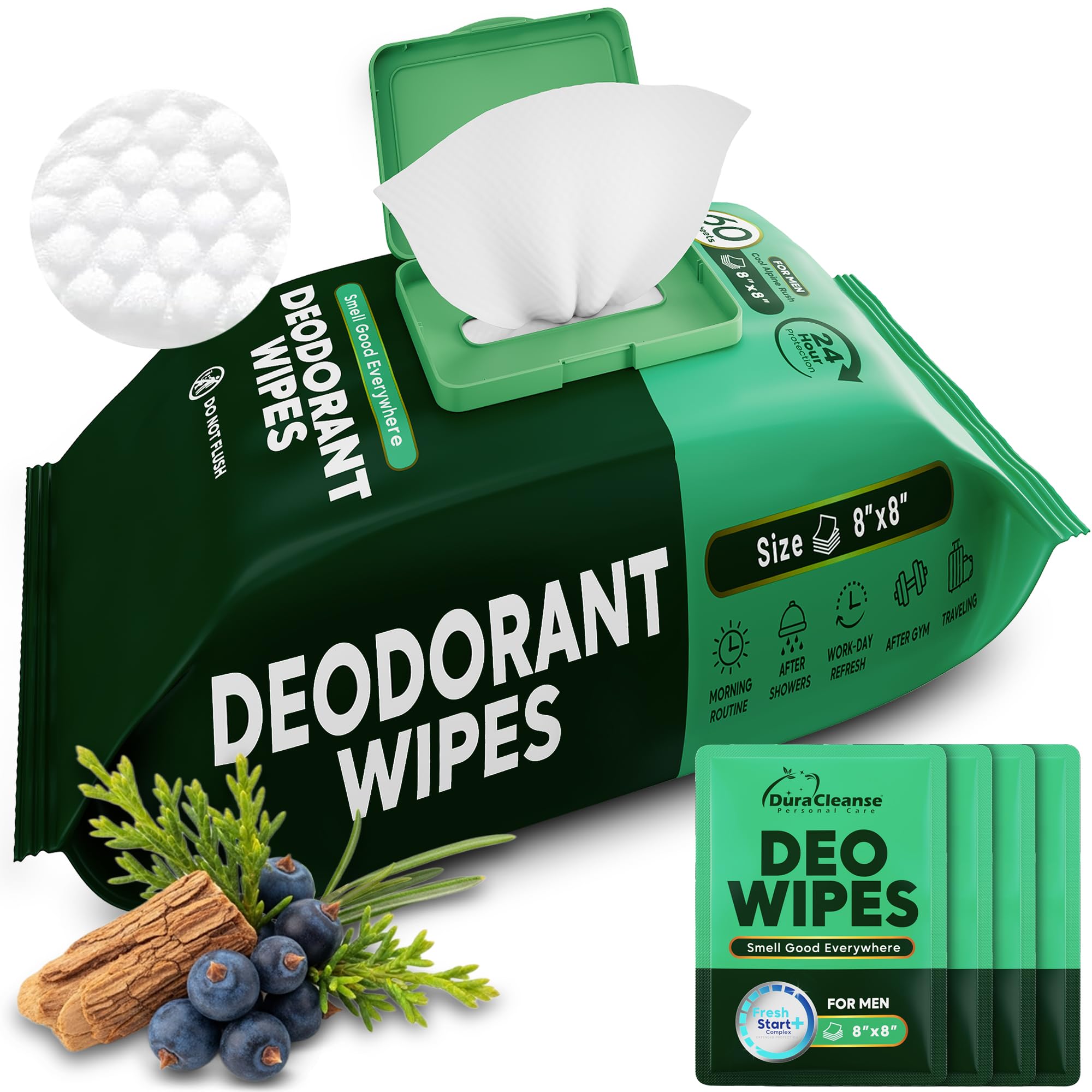 Dura Cleanse frente del empaque mostrando 60 toallitas y 4 individuales para almacenamiento fácil