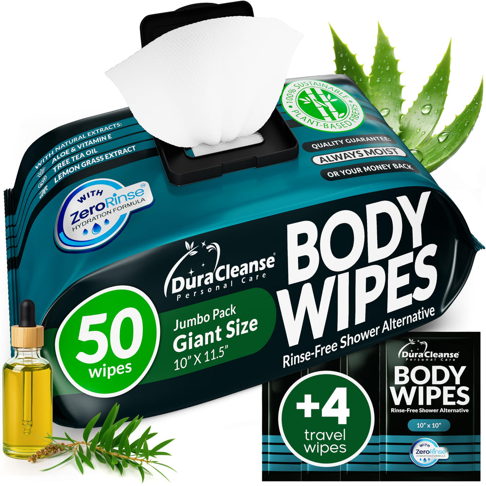 Dura Cleanse paquete frontal mostrando 50 toallitas y 4 sachets listo para gimnasio