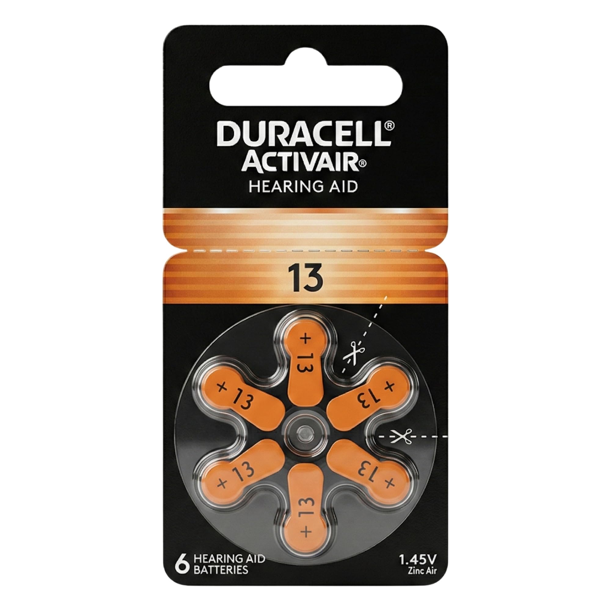 Duracell pilas auditivas tamaño 13 vista frontal mostrando el pack y claridad de marca, confiabilidad