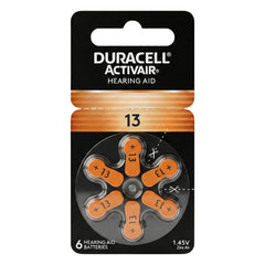 Duracell pilas auditivas tamaño 13 vista frontal mostrando el pack y claridad de marca, confiabilidad