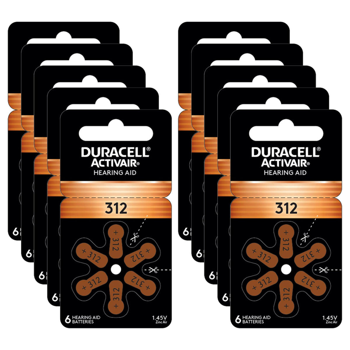 Duracell empaque frontal 312 mostrando cantidad y marca, fácil identificación