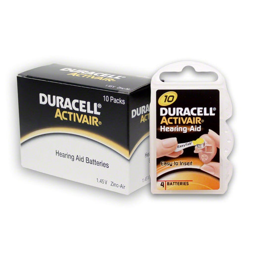 DURACELL pack frontal mostrando 40 pilas tamaño 10 y codificación amarilla, duración confiable