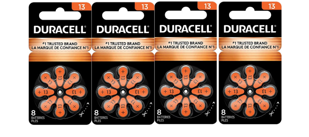 Duracell paquete frontal de 32 pilas 13 naranja mostrando empaque práctico y confianza