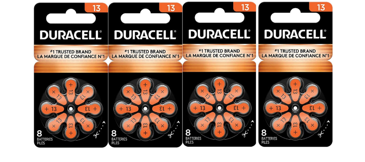 Duracell paquete frontal de 32 pilas 13 naranja mostrando empaque práctico y confianza
