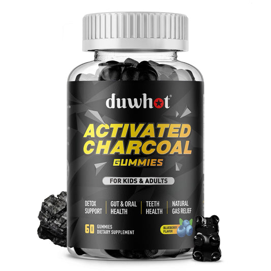Envase duwhot frontal que muestra las gomitas de carbón activado y beneficio de conveniencia
