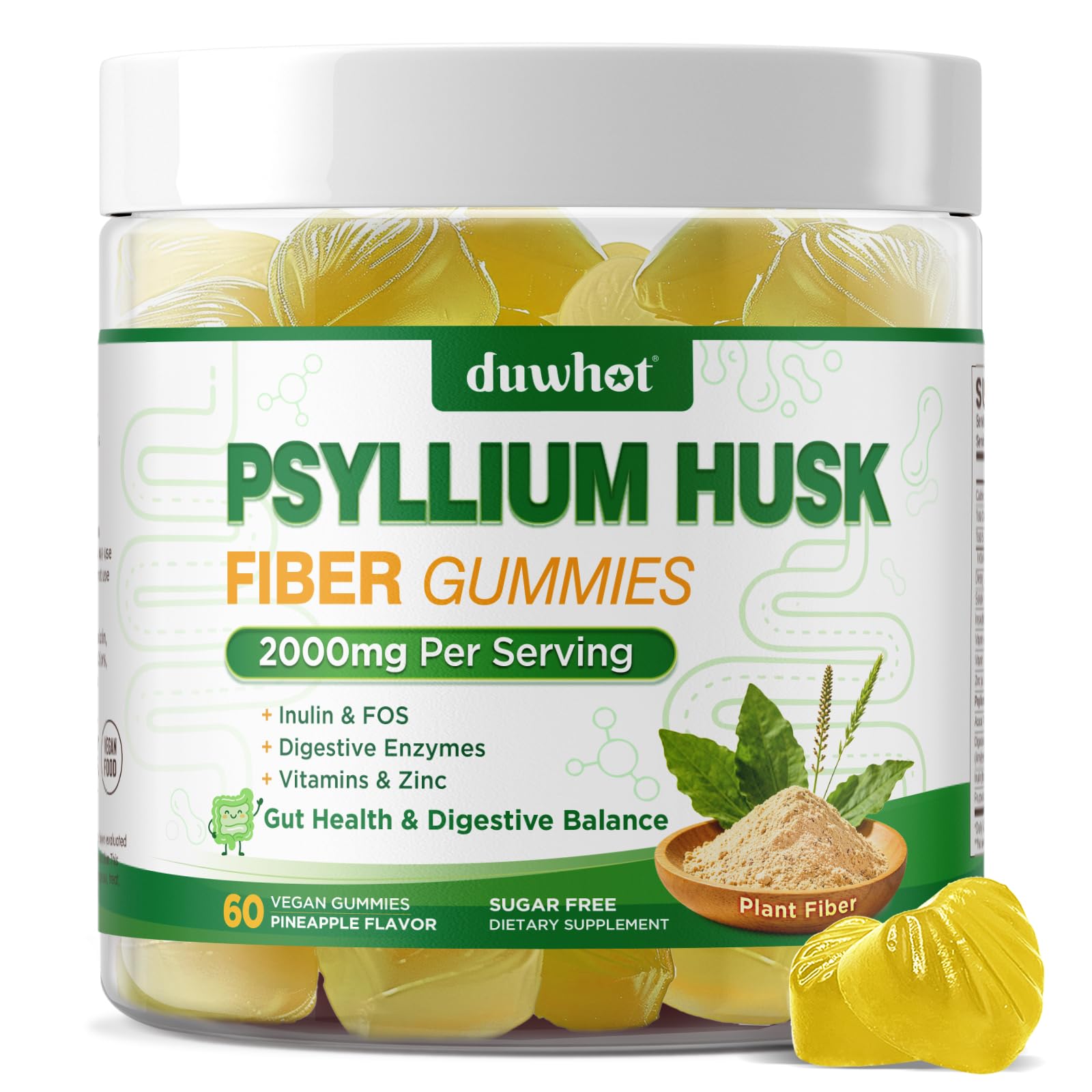 duwhot envase frontal de Psyllium Husk Gummies mostrando tamaño y marca, opción práctica