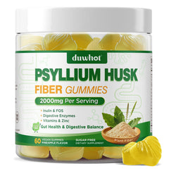 duwhot envase frontal de Psyllium Husk Gummies mostrando tamaño y marca, opción práctica