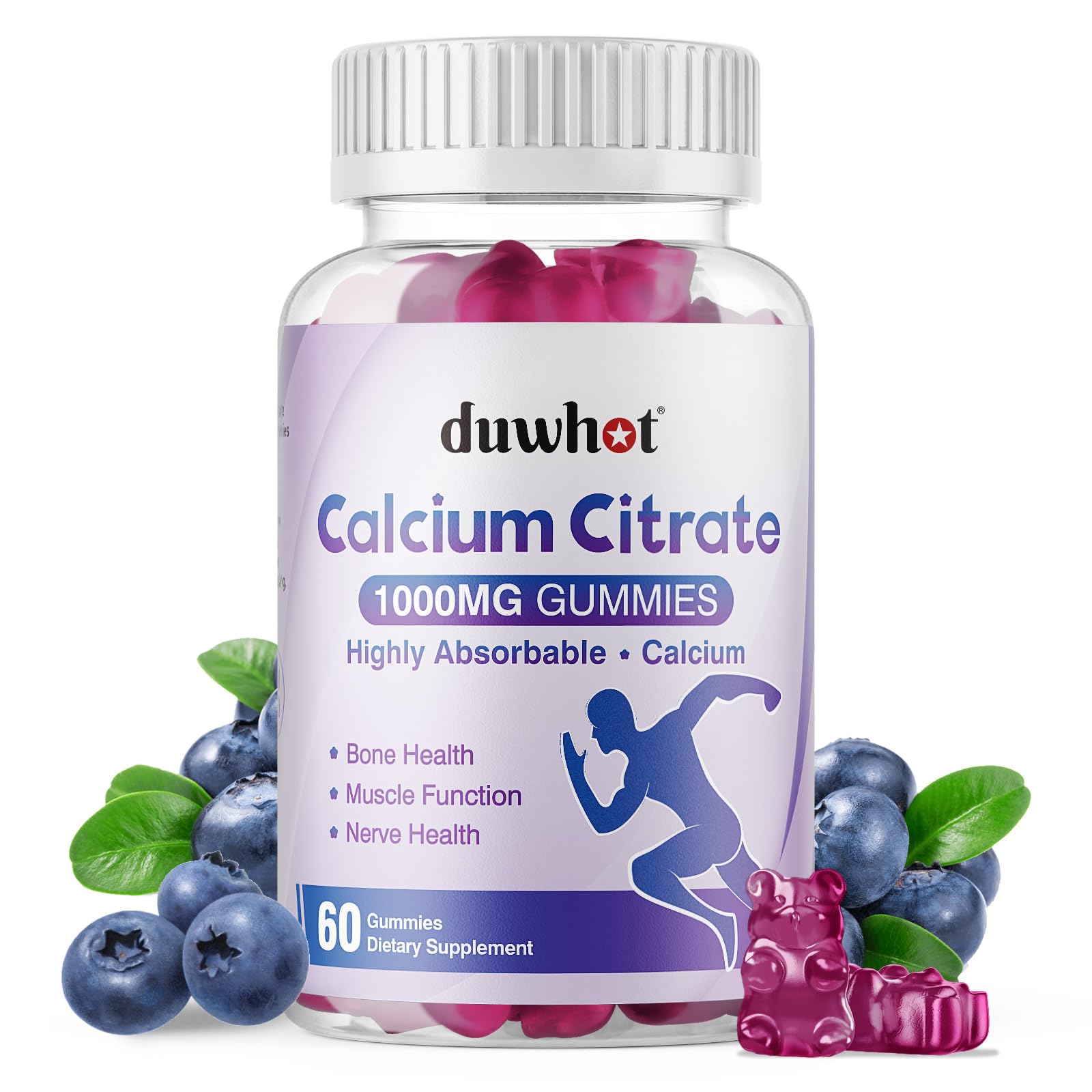 duwhot envase frontal de gominolas de citrato de calcio, presentación clara y profesional