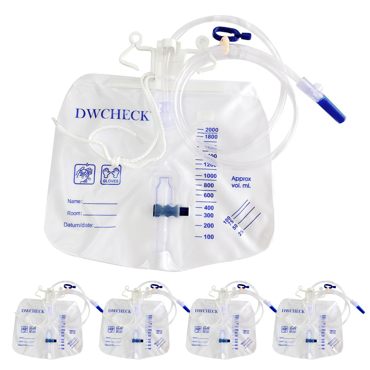 DWCHECK frente del pack de 5 bolsas mostrando capacidad y accesorios