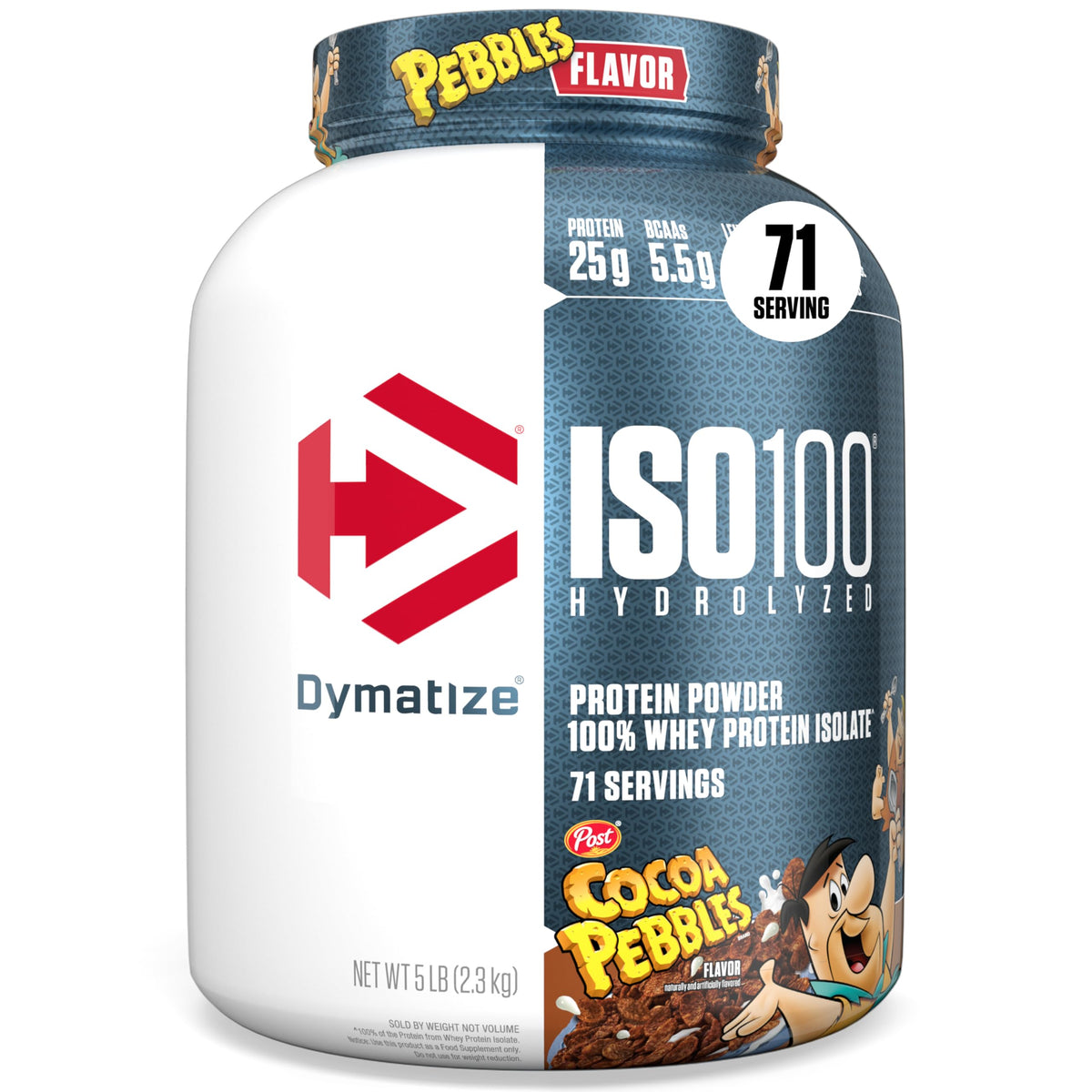 Dymatize bote frontal Cocoa Pebbles mostrando diseño y atractivo del envase