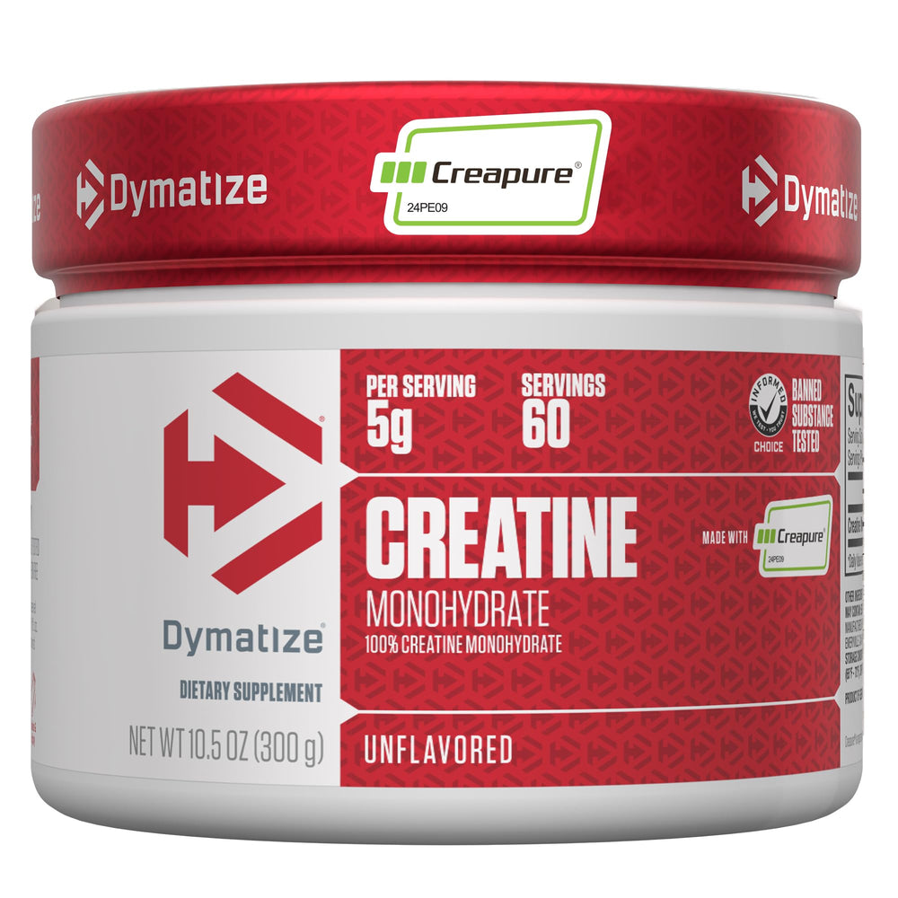 Dymatize envase frontal con Creapure, presenta pureza y confianza