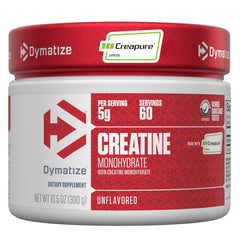 Dymatize envase frontal con Creapure, presenta pureza y confianza