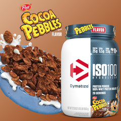 Dymatize cucharada medidora con polvo demostrando la porción de proteína
