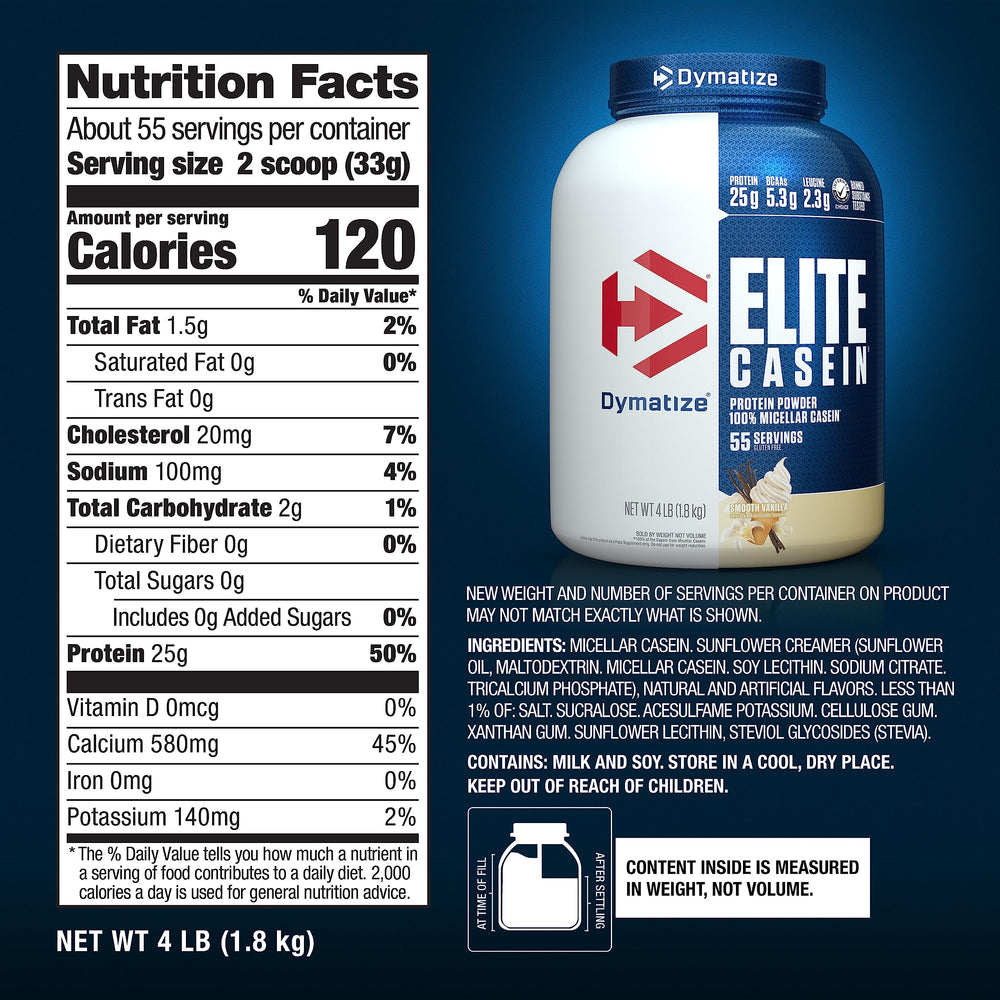Etiqueta nutricional Dymatize Elite Casein con datos de proteínas y BCAA