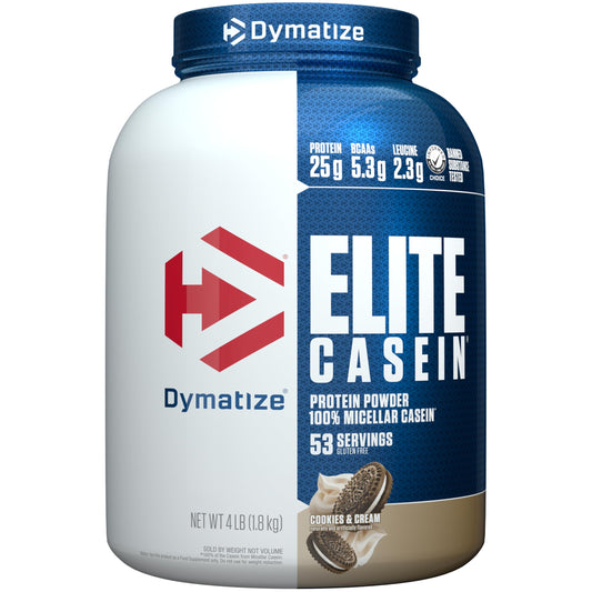 Dymatize envase frontal cookies & cream mostrando 4 lb y 53 servicios