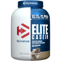Dymatize envase frontal cookies & cream mostrando 4 lb y 53 servicios