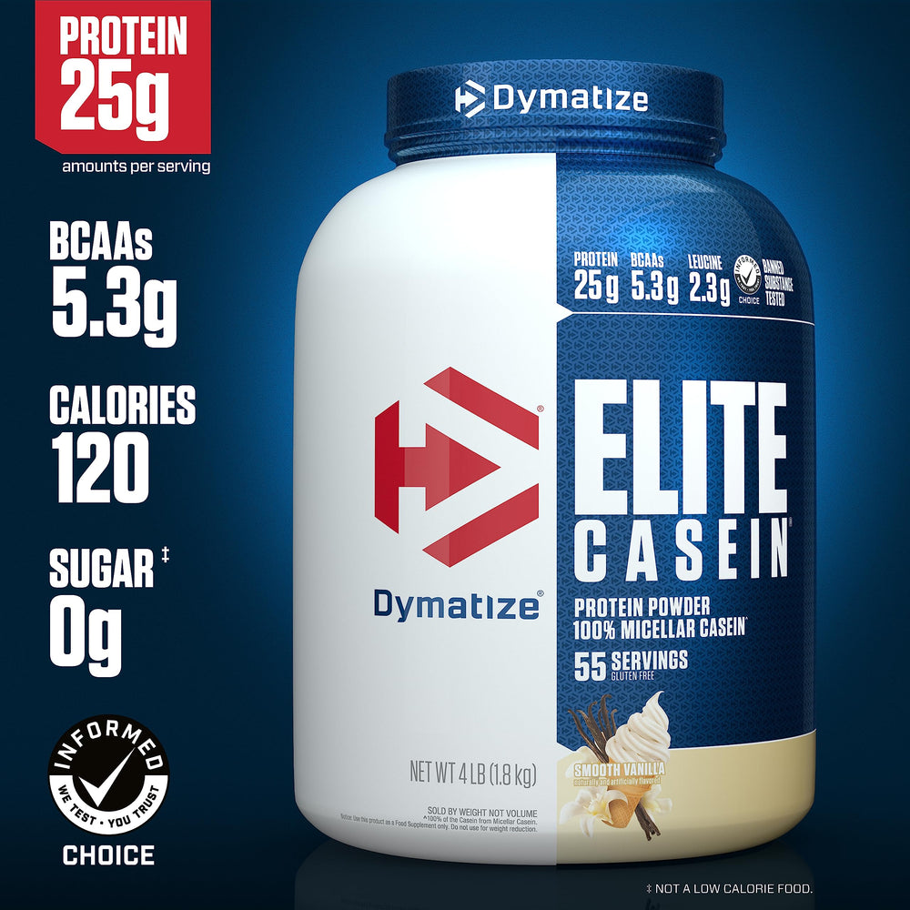 Close-up del polvo Dymatize Elite Casein con textura cremosa beneficiosa
