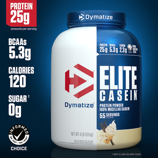 Close-up del polvo Dymatize Elite Casein con textura cremosa beneficiosa